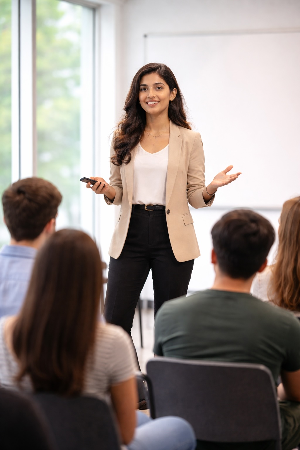 Professional presenting confidently to large audience