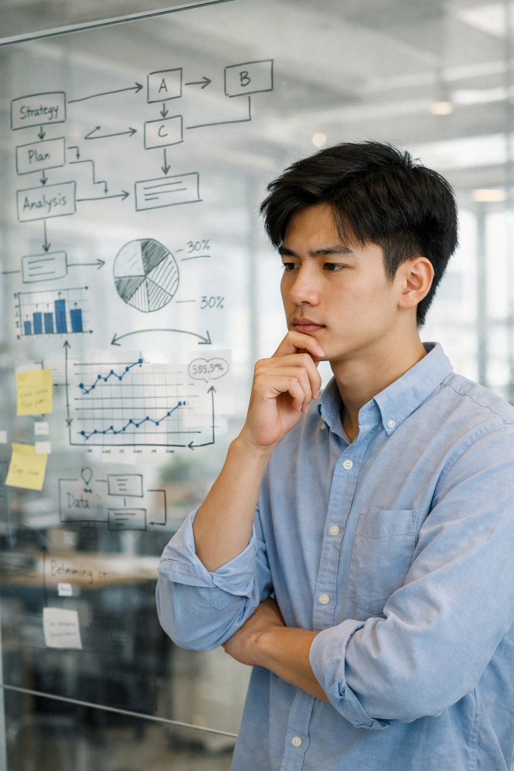 Professional analyzing complex data and diagrams