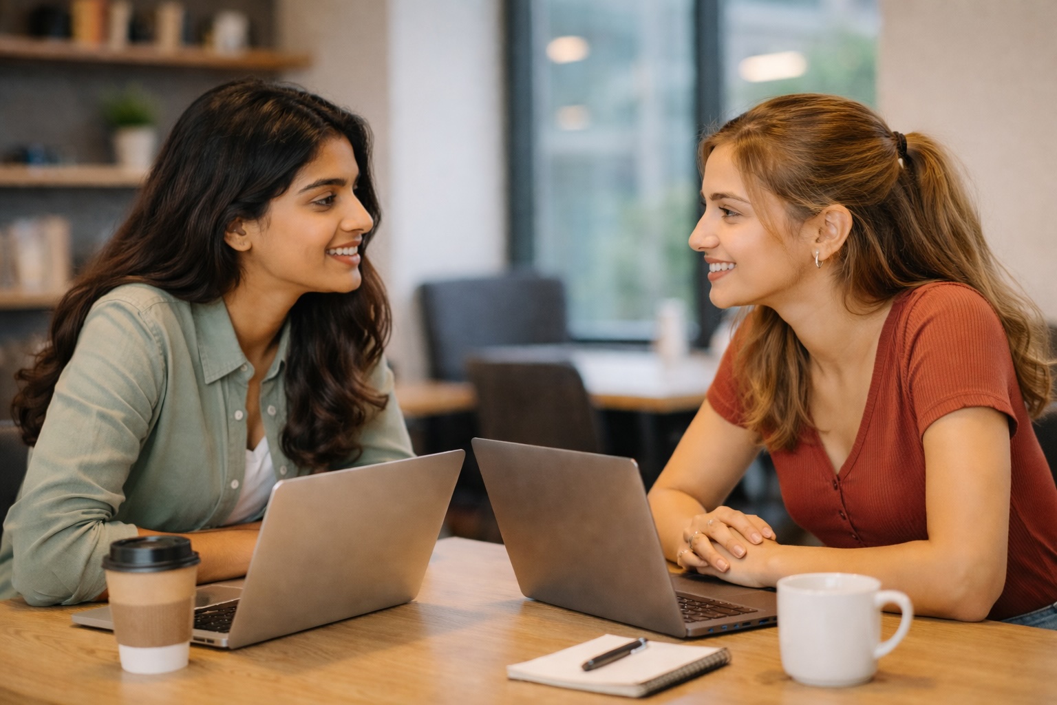 Two professionals in engaged one-on-one conversation