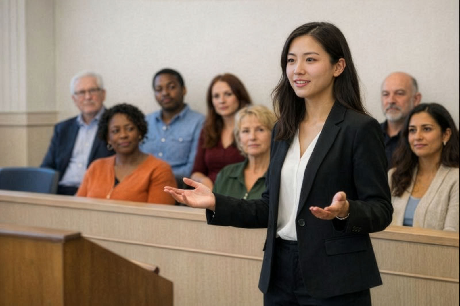 Young professional presenting persuasively in courtroom
