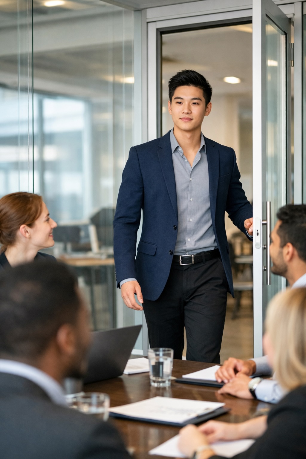 Professional entering boardroom with natural authority