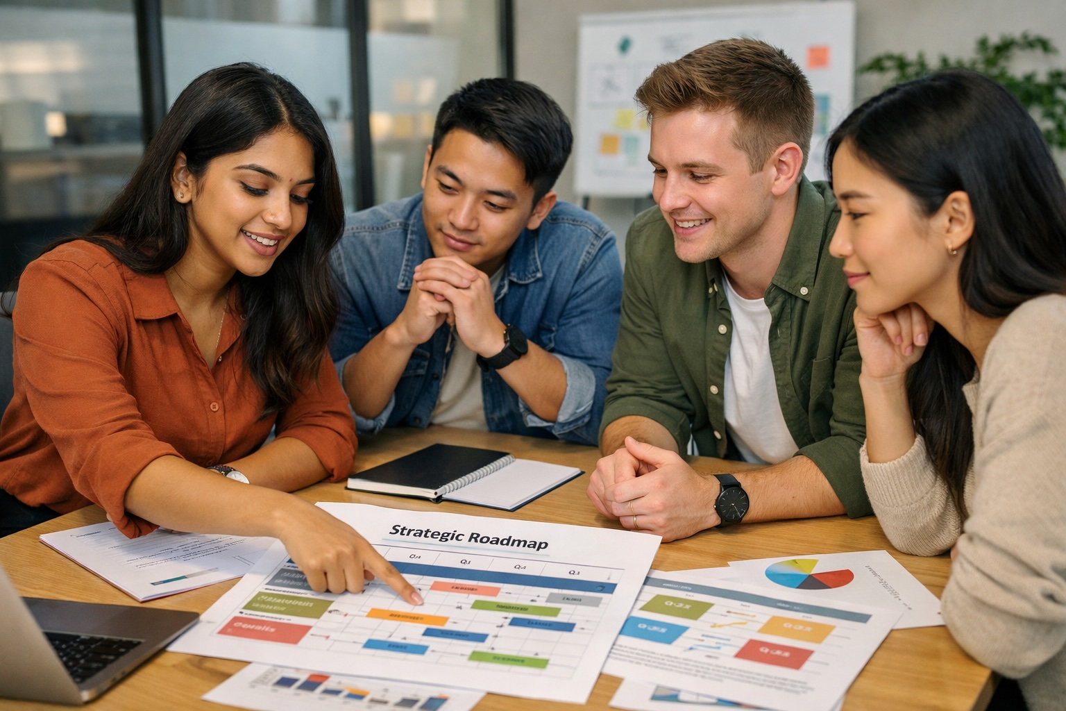 Team collaborating on strategic planning documents